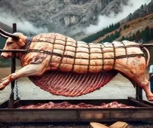 غذای چندش؛ گاو غول پیکر و به صلیب کشید رو آتیش زنده کبابی کرد با دورچین سرو کرد