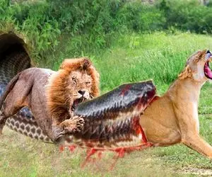 شاهکار حیات وحش؛ پیتون غول موقع هضم شیر نای خزیدن نداشت توسط ننه ش مثله شد