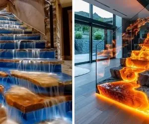 نورپردازی خاص پلکان با طراحی گدازه آتشین حرکتی/ یا ستونی که داخلش آبشاری از آب داره