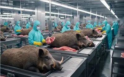 فرآوری گراز؛ گراز وحشی رو قپانی میندازن رو تخت سلاخخونه برا تولید گوشت