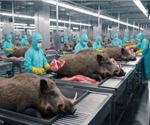 فرآوری گراز؛ گراز وحشی رو قپانی میندازن رو تخت سلاخخونه برا تولید گوشت