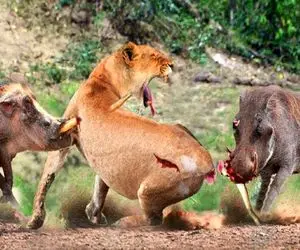 بدایع حیات وحش؛ گراز وحشی برای نجات جون توله اش شیر سفاک دم بریده رو ابتر کرد