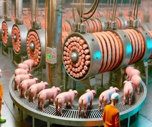 فرآوری خوک؛ خوک حرومی قلمبه صورتی درسته زنده میره تو دستگاه سوسیس میاد بیرون