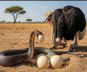 جذابیت حیات وحش؛ پیتون احمق تخم شترمرغ درسته قورت داد دهنش پاره شد
