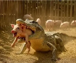 مستند حیات وحش؛ نجات خوک از چنگ تمساح توسط میمون 