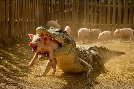 مستند حیات وحش؛ نجات خوک از چنگ تمساح توسط میمون 