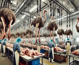 فرآوری شترمرغ؛ با گیل داس گردن شترمرغ و زد پوستشو دباغی و گوشتشو ساطوری کرد سوسیس شه