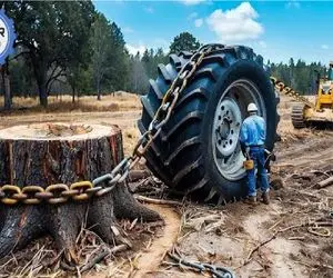 ابزارآلات غول پیکر؛ بیل مکانیکی یه عالم بند و بسات آورد تیشه بزنه به ریشه درخت