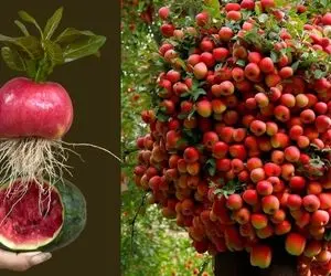 کشاورزی بدیع؛ سیب رو تو هندوانه کاشتن بهش موز و تخم مرغ زدن از بالاش یه درخت درومده