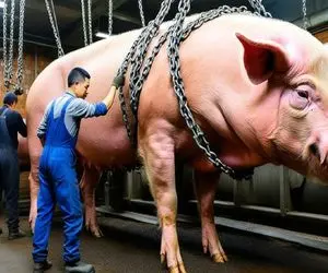 فرآوری خوک؛ خوک لجن حرومی به صلابه کشید استخونشو له کرد ژله بسازه باقیش سوسیس