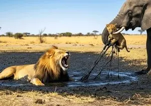 مستند حیات وحش؛ فیل مهربون ترسان لرزان شیر و بچه اش را از قیر مرگبار نجات داد