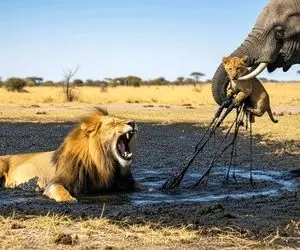 مستند حیات وحش؛ فیل مهربون ترسان لرزان شیر و بچه اش را از قیر مرگبار نجات داد