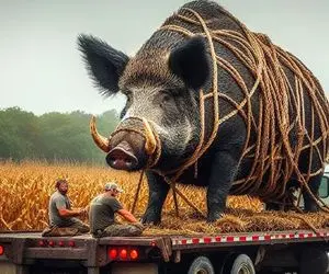 جابه جایی پرهیبت؛ خوک 200 کیلویی رو با تریلی بردن سلاخخونه برای استیک شدن