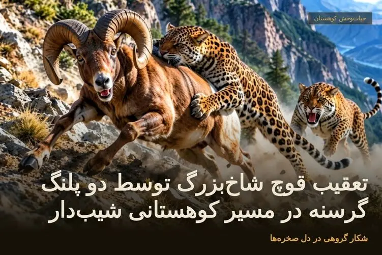 مستند حیات وحش؛ تعقیب قوچ شاخ‌بزرگ توسط دو پلنگ گرسنه در مسیر کوهستانی شیب‌دار 