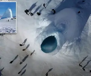 ایجاد آتشفشان یخی بسیار زیبا در آلماتی، قزاقستان به طول ۱۴ متر + ویدیو