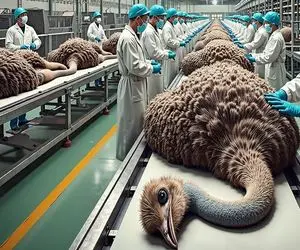 فرآوری شترمرغ؛ بعد استثمار شترمرغ تو سلاخخونه از پر پوست و گوشتش مواد نو تولید میکنن