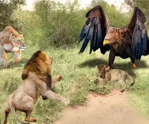 بدایع حیات وحش؛ عقاب بدسگال مثل لات سر کوچه جلو توله شیرها درومد تا تناول کنه