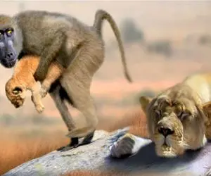 مستند حیات وحش؛ میمون سر شوخی با شیر باز میکنه