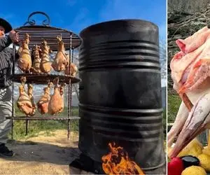 غذای بریان ؛ طبخ شگفت انگیز بوقلمون درسته البته نه تو فر و اجاق زیر بشکه!