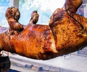 کباب سگ؛ سگ پروار شده رو بعد از بریونی سلاخی و اسلایس شده کنار برنج سرو کردن