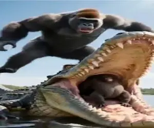 حیات وحش مصنوعی / گوریل جان بر کف فرزندش را از حلق تمساح بیرون میکشد