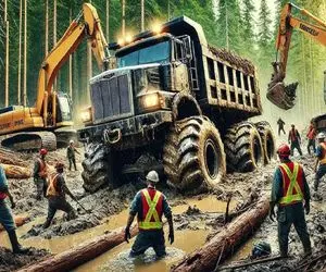 جابه جایی جانکاه؛ کامیون حامل الوار خیس گیر کرد تو گل و لای بیل مکانیکی غول درش آورد