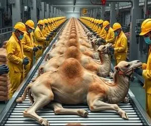 فرآوری شتر؛ بعد 80 سال بهره کشی از شتر میبرن سلاخخونه گردن میزنن شرحه میکنن