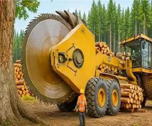 ابزارآلات غول پیکر؛ اپراتور بیل مکانیکی اره دیسکی انداخت جنگل رنده کنه بره جلو