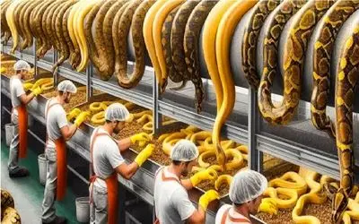 فرآوری مار؛ مار شلنگی رو غول میکنن پوستش بره بازار گوشتشو سوپ بار بزارن