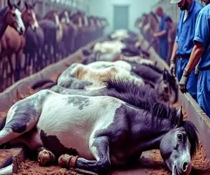 فرآوری اسب؛ اسب محتضر با تزریق پروار میکنه تو سلاخخونه چرخ میکنه برای کالباس