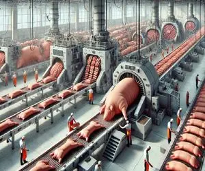 فرآوری خوک؛ خوک قلمبه صورتی رو میذاره تو چرخ  کالباس رولی تحویل میگیره