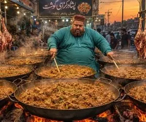 غذای خوش پخت؛ پخت انبوهی از گوشت لذیذ به صورت پرسی کنار جاده