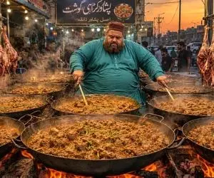 غذای خوش پخت؛ پخت انبوهی از گوشت لذیذ به صورت پرسی کنار جاده