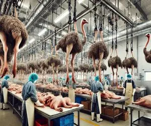 فرآوری شترمرغ؛ پر شترمرغ مفلوک و برای تشک کندن گوشتشو اسلایس کردن برای شیشلیگ