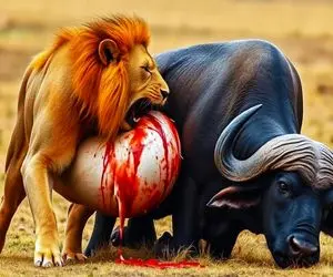 دیدنی راز بقا؛ شیر قسی با چنگ و دندون نوزاد بوفالو زمخت رو از شکمش درآورد بلعید 