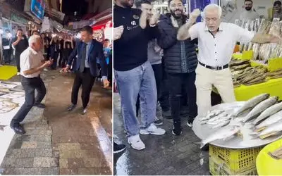 اواز دیش دیش؛ صادق بوقی تو بازار با مرد کرواتی جای آو آو آو می خونه زلفاتو افشونش کن