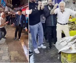 اواز دیش دیش؛ صادق بوقی تو بازار با مرد کرواتی جای آو آو آو می خونه زلفاتو افشونش کن