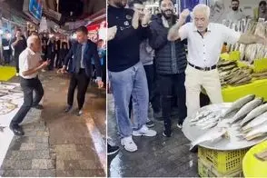 اواز دیش دیش؛ صادق بوقی تو بازار با مرد کرواتی جای آو آو آو می خونه زلفاتو افشونش کن