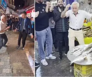 اواز دیش دیش؛ صادق بوقی تو بازار با مرد کرواتی جای آو آو آو می خونه زلفاتو افشونش کن
