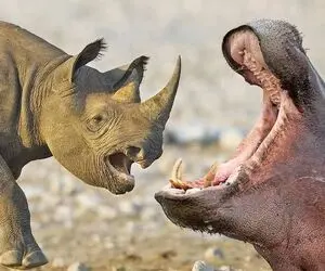 جذابیت حیات وحش؛ وقتی اسب آبی بدسگال میخواد با یه غرش گلوی کرگدن غول تشن رو جر بده