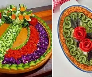 تزیین سالاد خیار و گوجه، شیک و مخصوص مهمانی؛ ایده های دیزاین با سبزیجات تو یخچال 