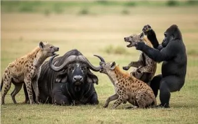 حیات وحش مصنوعی؛ گوریل جسور کفتارای کنه رو از بوفالو جدا میکنه