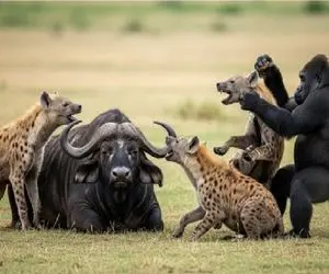 حیات وحش مصنوعی؛ گوریل جسور کفتارای کنه رو از بوفالو جدا میکنه