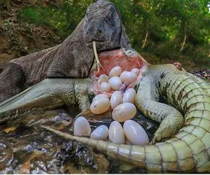 صحنه دهشتناک؛ کومودوی شریر شکم کروکودیلو با دندون پاره کرد جنینشو به نیش کشید