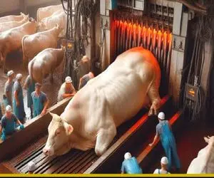 فرآوری گاو؛ حتی دستگاه هم نمیتونه این گاو غول پیکر و بعد از بریدن گلوش نصف کنه 