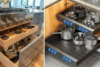چیدمان و سازماندهی کابینت زیر اجاق گاز؛ ایده جایگذاری صحیح قابلمه، تابه و کفگیر ملاقه