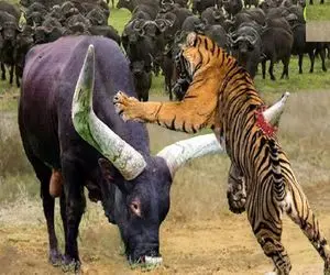 جذابیت حیات وحش؛ بوفالو ددمنش شاخ 6 متریش رو فرو کرد تو ببر تا بچه ش فرار کنه