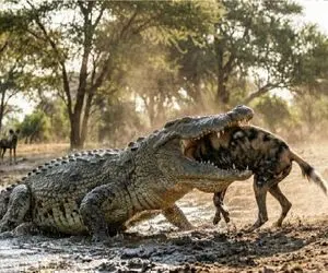 مستند حیات وحش؛ کفتار که داشت تو قلمرو تمساح جولان میداد گیر کرد تو حلقش