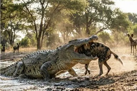 مستند حیات وحش؛ کفتار که داشت تو قلمرو تمساح جولان میداد گیر کرد تو حلقش