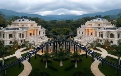 معماری خلاقانه؛ وسط جنگل عمارت ویلای اعیونی ساختن جلوش ریل گذاشتن رویایی